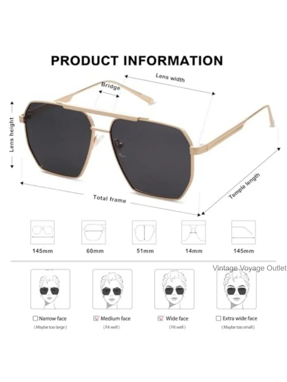 Retro Oversized Square Polarized Sunglasses Metal Frame UV400